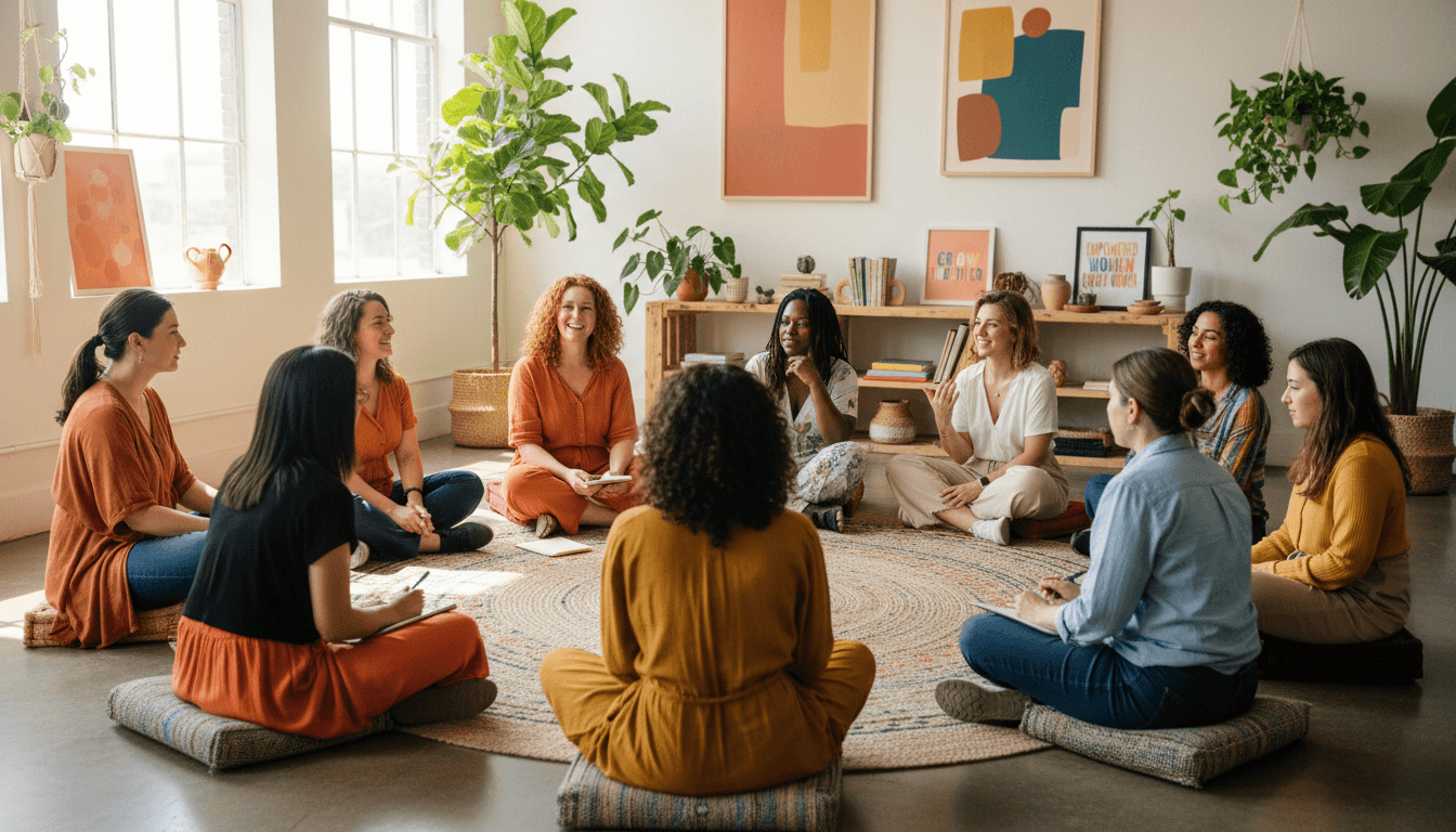 Diverse group of women sitting in circle during community coaching session, engaged in discussion